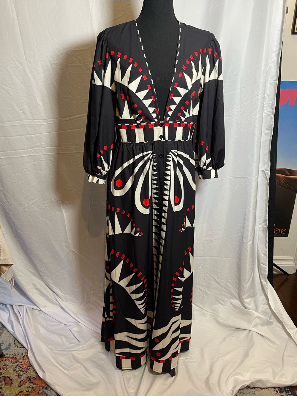 Commense Black and White Geometric Maxi Dress with Red Accents